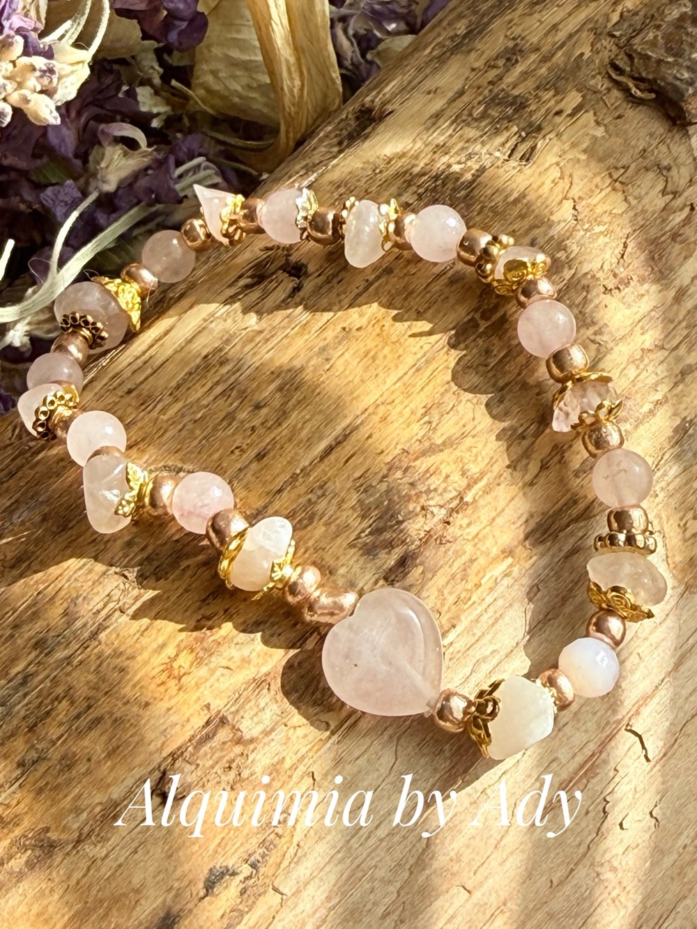Alquimia Rose Quartz Heart Stretch Bracelet - Pink & Gold
